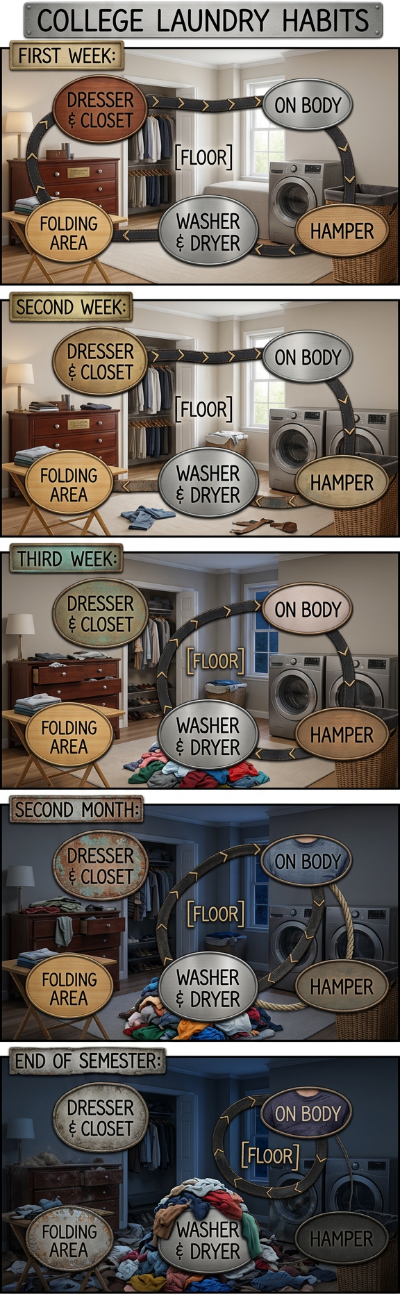 During the second semester, the path is briefly routed through the dishwasher.