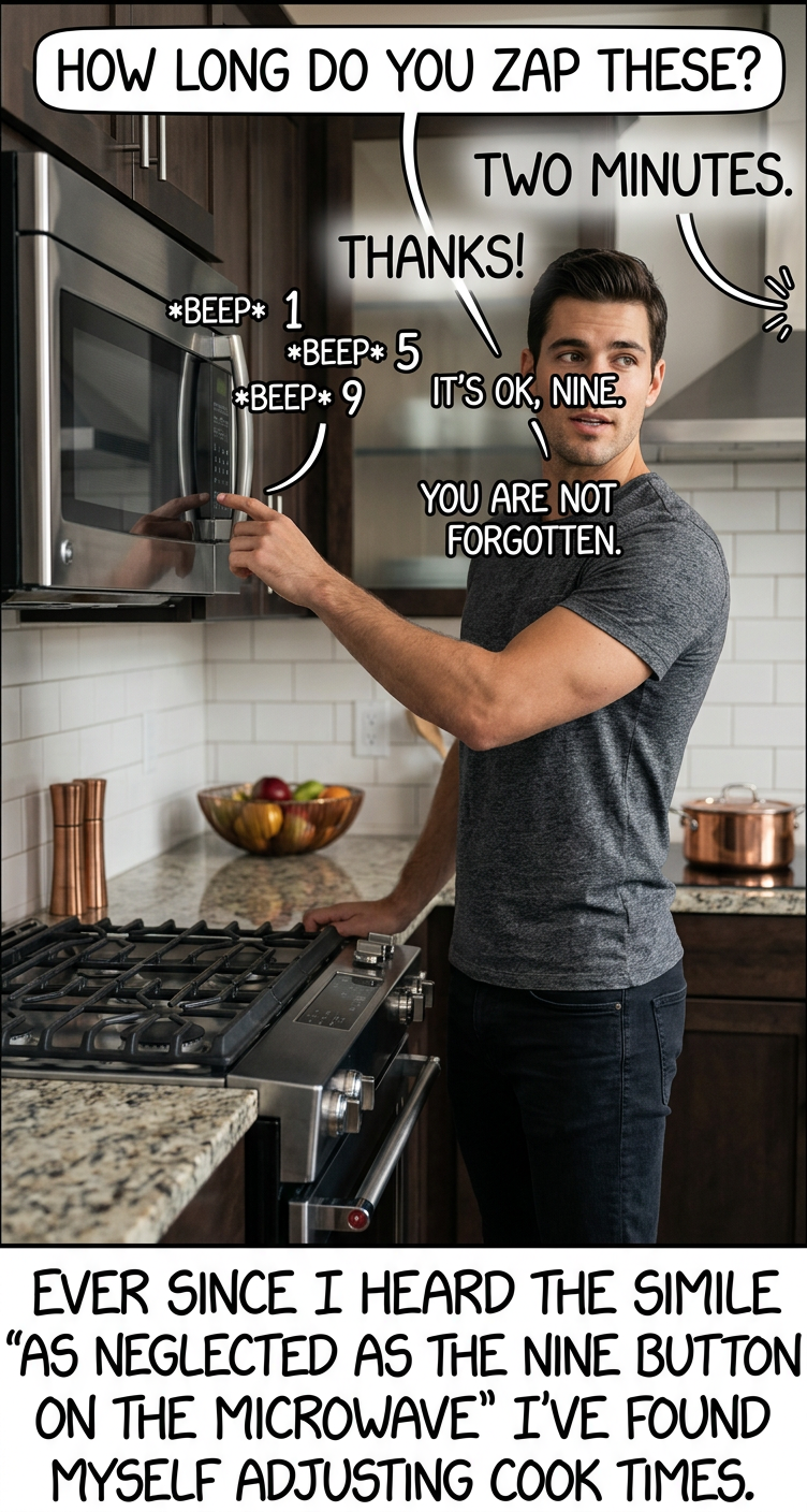 FYI: If you get curious and start trying to calculate the time adjustment function that minimizes the gap between the most-used and least-used digit (for a representative sample of common cook times) without altering any time by more than 10%, and someone asks you what you're doing, it's easier to just lie.