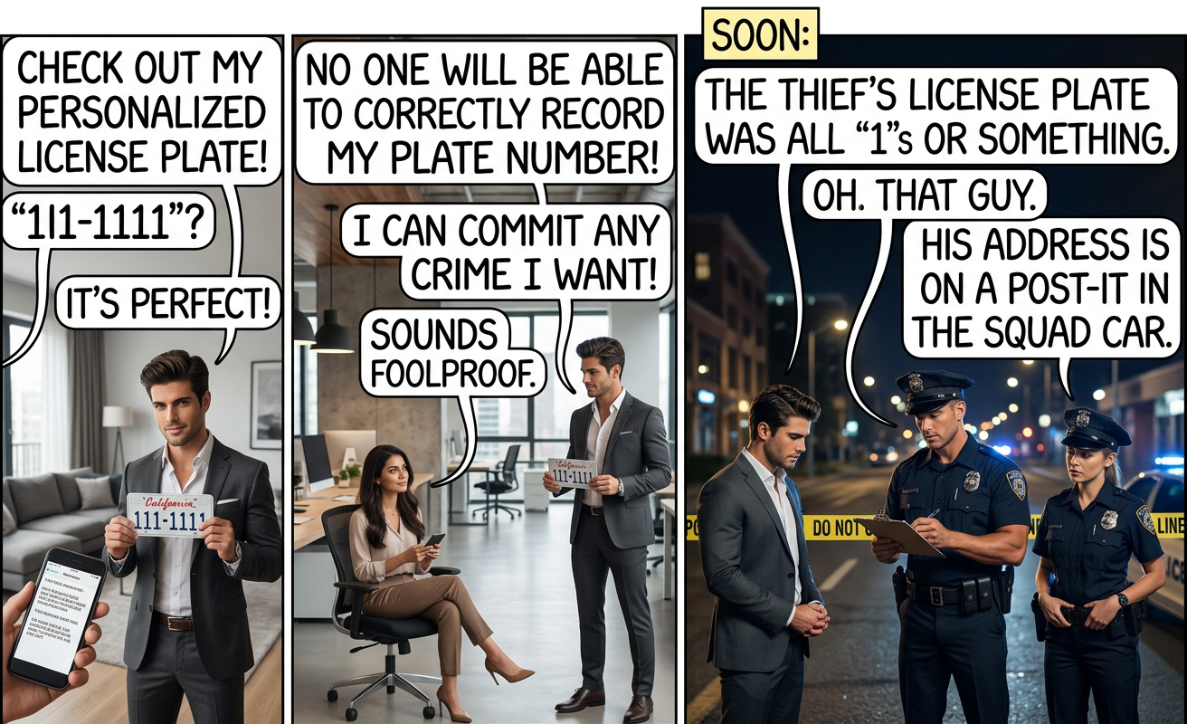 The next day: 'What? Six bank robberies!? But I just vandalized the library!' 'Nice try. They saw your plate with all the 1's and I's.' 'That's impossible! I've been with my car the whole ti-- ... wait. Ok, wow, that was clever of her.'