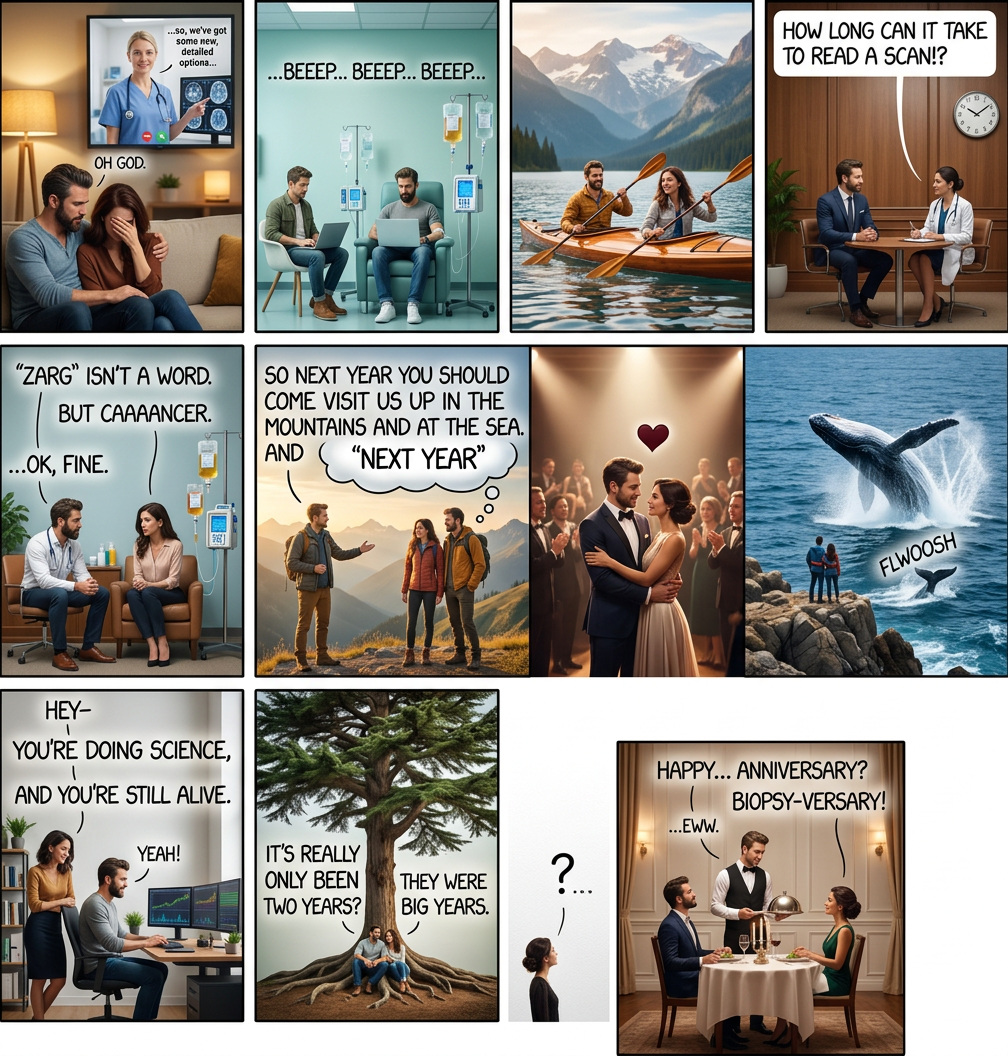 She won the first half of all our chemo Scrabble games, but then her IV drugs started kicking in and I *dominated*.