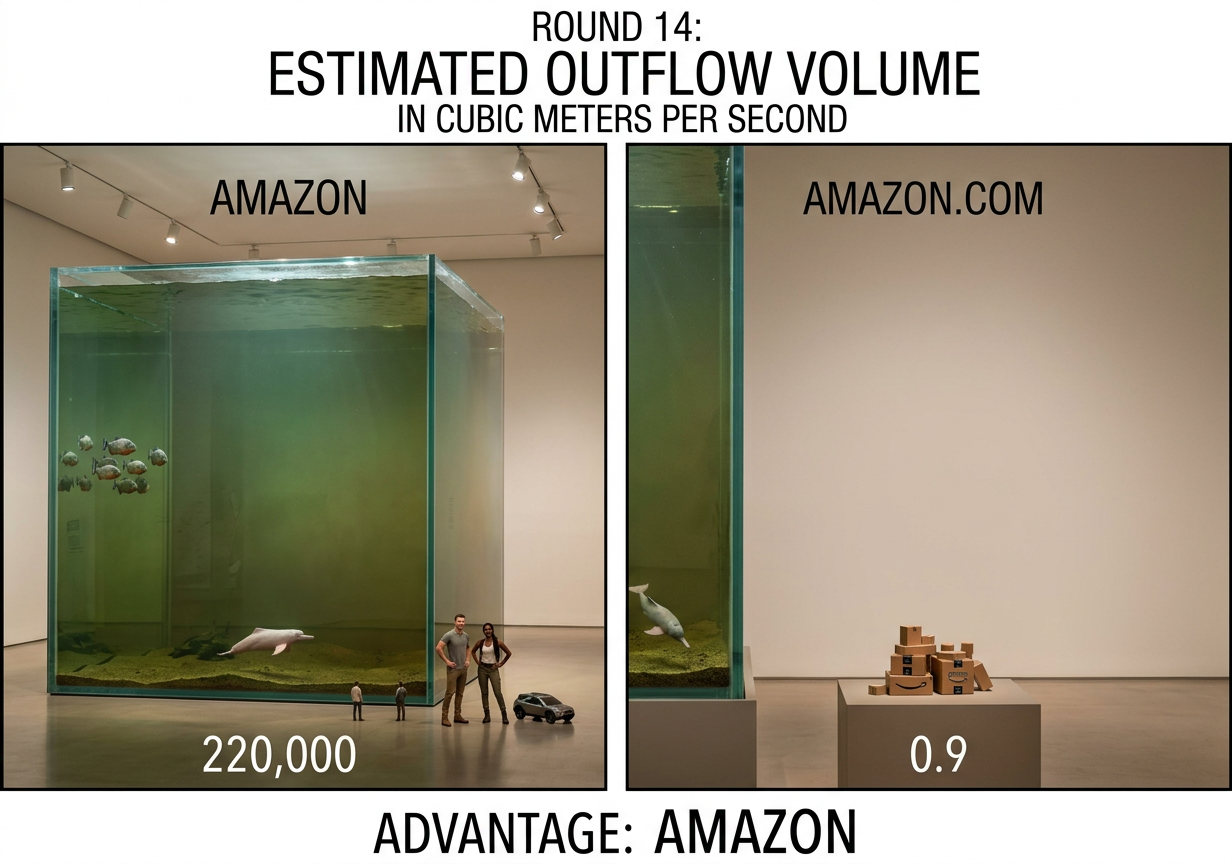 Amazon.com took a surprise early lead with 'Time required to transport a package from Iquitos, Peru to Manaus, Brazil' but then lost it at 'Minutes to skeletonize a cow'.