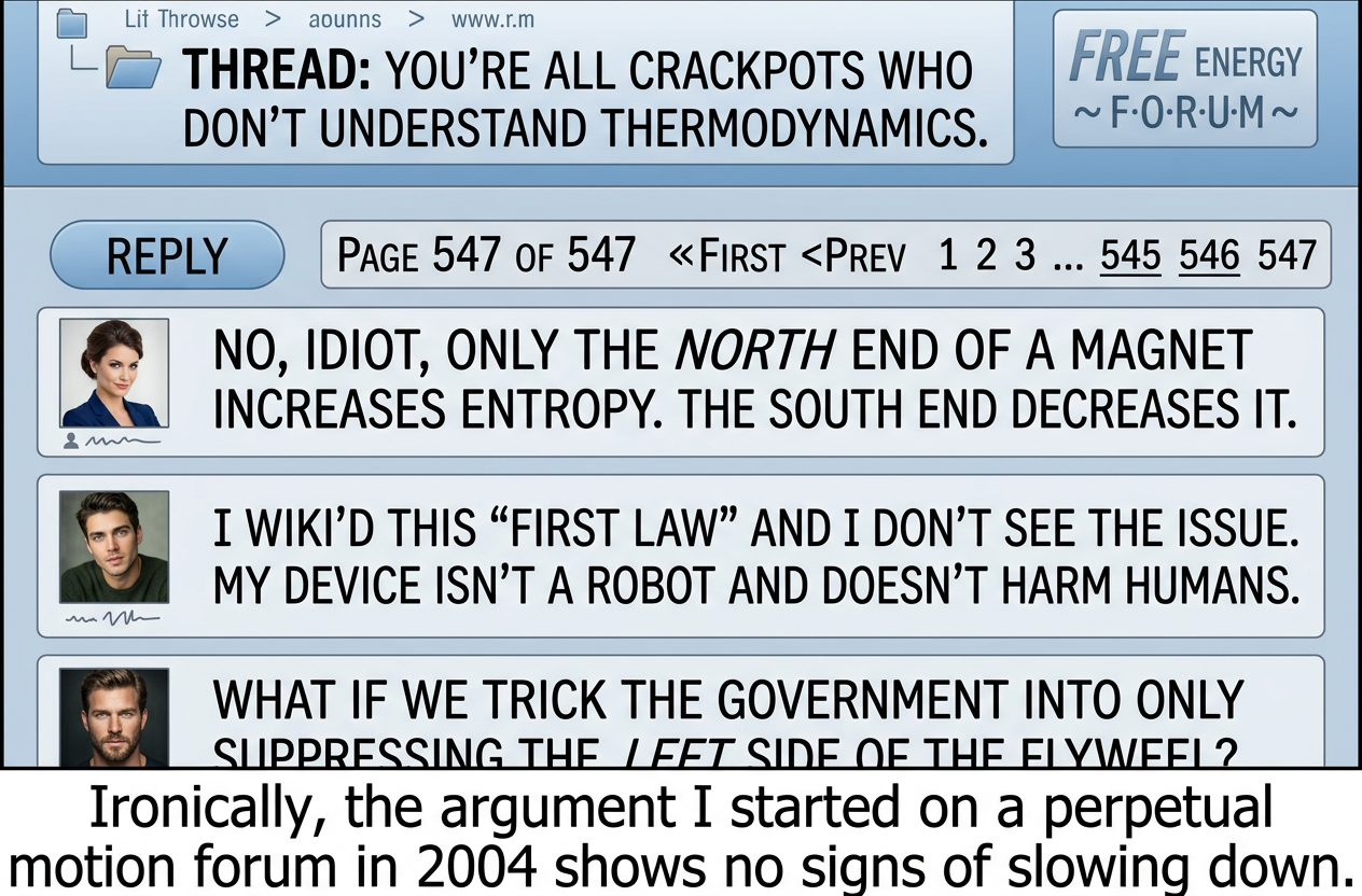 The misguided search for a perpetual motion machine has run substantially longer than any attempted perpetual motion machine.