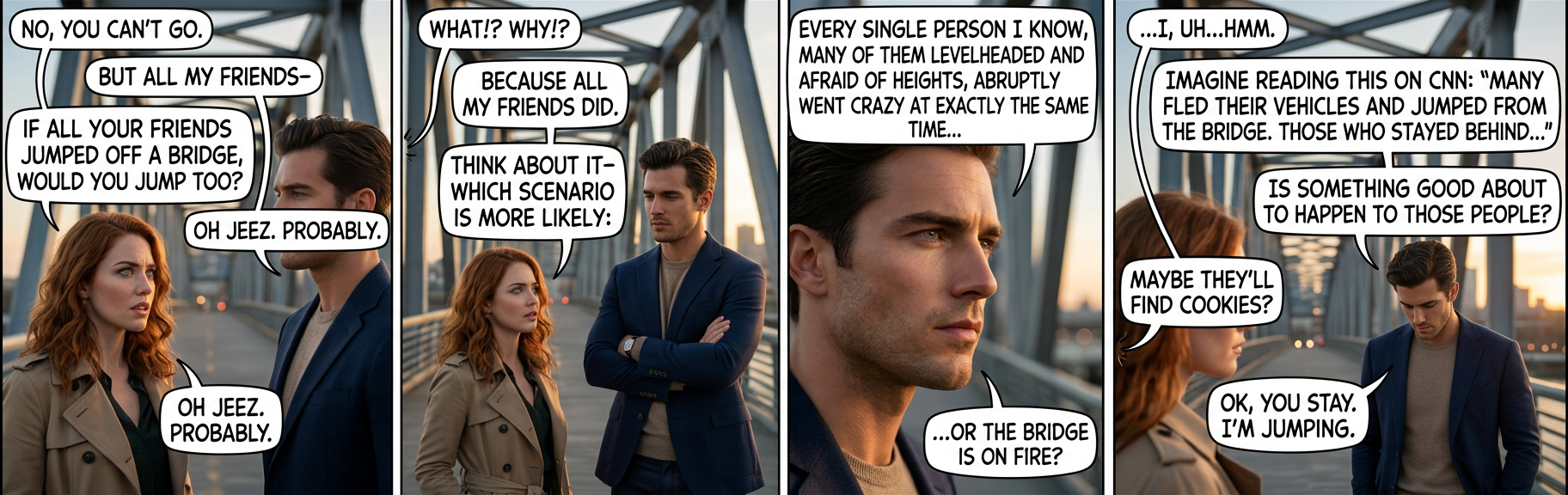 And it says a lot about you that when your friends jump off a bridge en masse, your first thought is apparently 'my friends are all foolish and I won't be like them' and not 'are my friends ok?'.