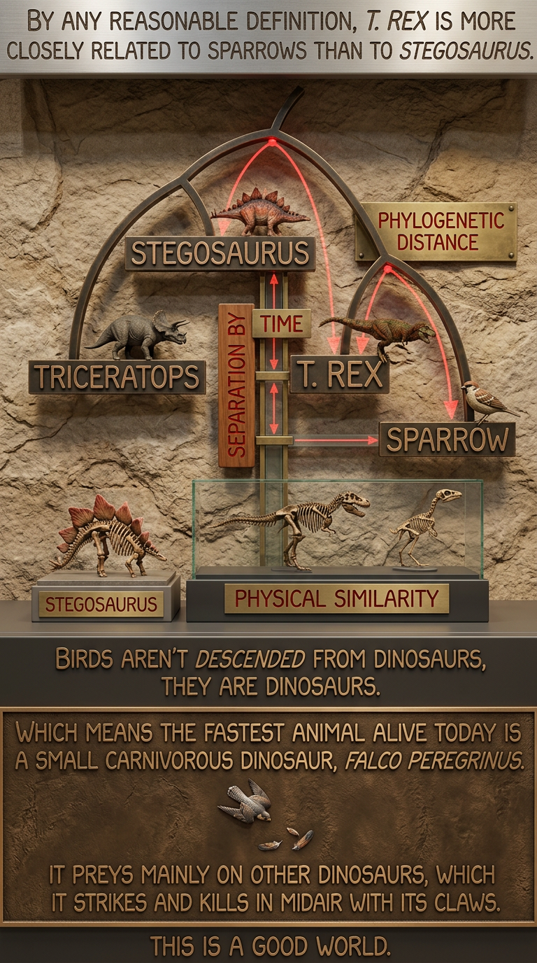 Sure, T. rex is closer in height to Stegosaurus than a sparrow. But that doesn't tell you much; 'Dinosaur Comics' author Ryan North is closer in height to certain dinosaurs than to the average human.