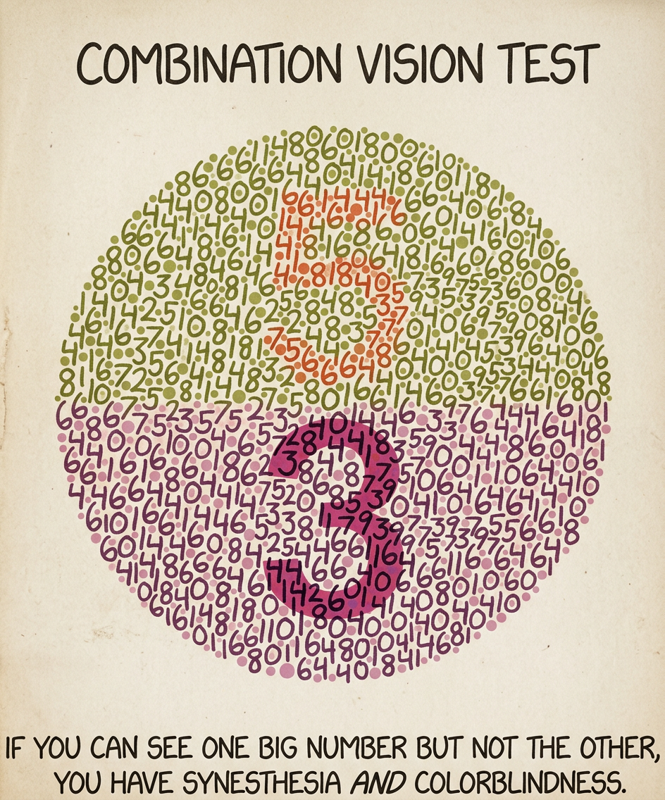 If you see two numbers but they're both the same and you have to squint to read them, you have synesthesia, colorblindness, diplopia, and myopia.
