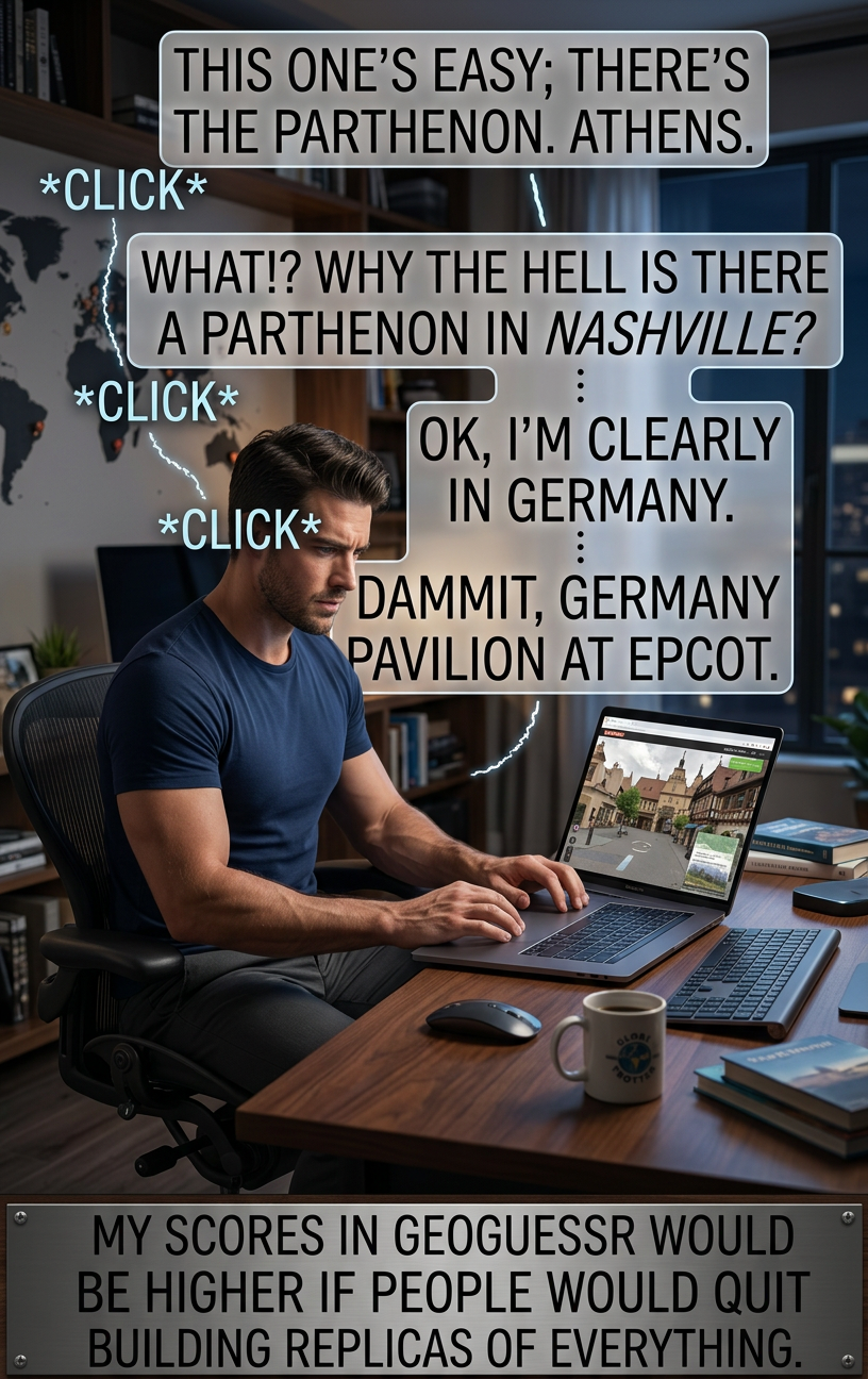 I'm not sure if you can get Epcot, but my friend just got LegoLand. He guessed California but it was the one in Denmark. Meanwhile, I'm rapidly becoming a connoisseur of unmarked dirt roads over flat, barren landscapes.