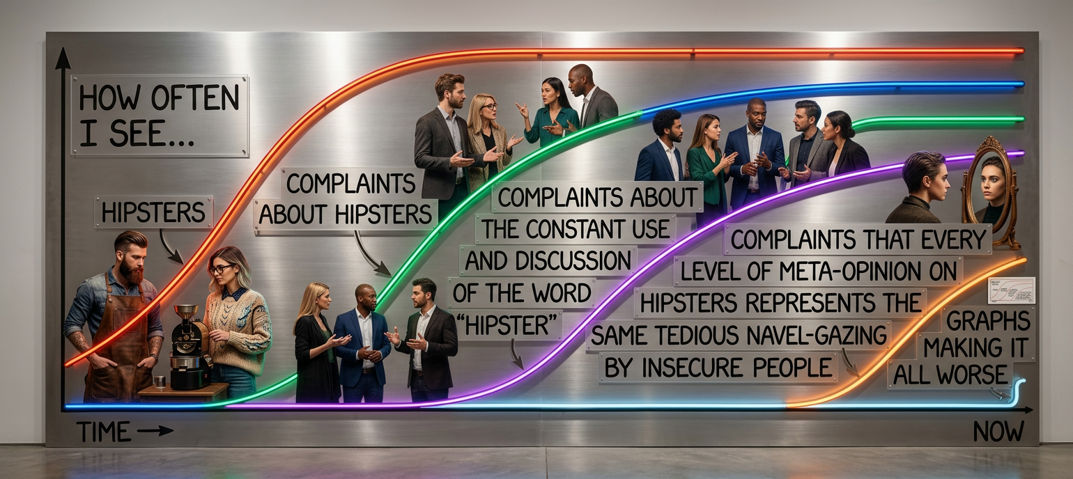 You may point out that this very retreat into ironic detachment while still clearly participating in the thing in question is the very definition of contemporary hipsterdom. But on the other hand, wait, you're in an empty room. Who are you talking to?