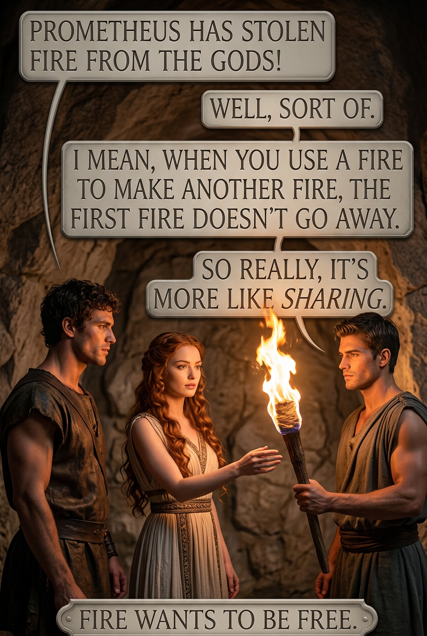 'I'm here to return what Prometheus stole.' would be a good thing to say if you were a fighter pilot in a Michael Bay movie where for some reason the world's militaries had to team up to defeat every god from human mythology, and you'd just broken through the perimeter and gotten a missile lock on Mount Olympus.