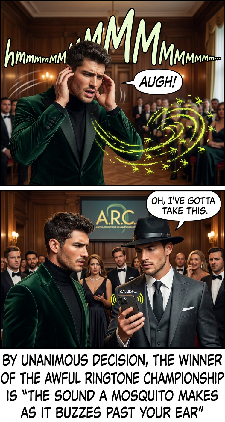 It beat out 'Clock radio alarm', 'B-flat at 194 decibels', 'That noise from Dumb & Dumber', and 'Recording of a sobbing voice begging you to answer'.