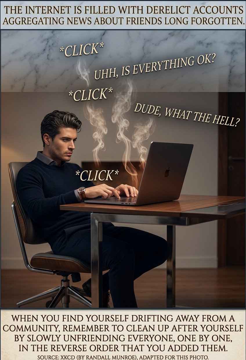 If you close an account while it's still friends with people, it contributes to database linkage accumulation slowdown, which is a major looming problem for web infrastructure and definitely not a thing I just made up.