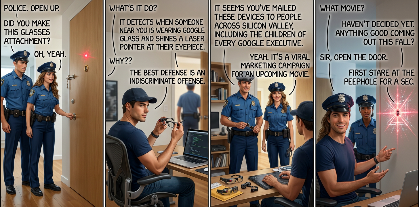 'Why don't you just point it at their eye directly?' 'What is this, 2007?'