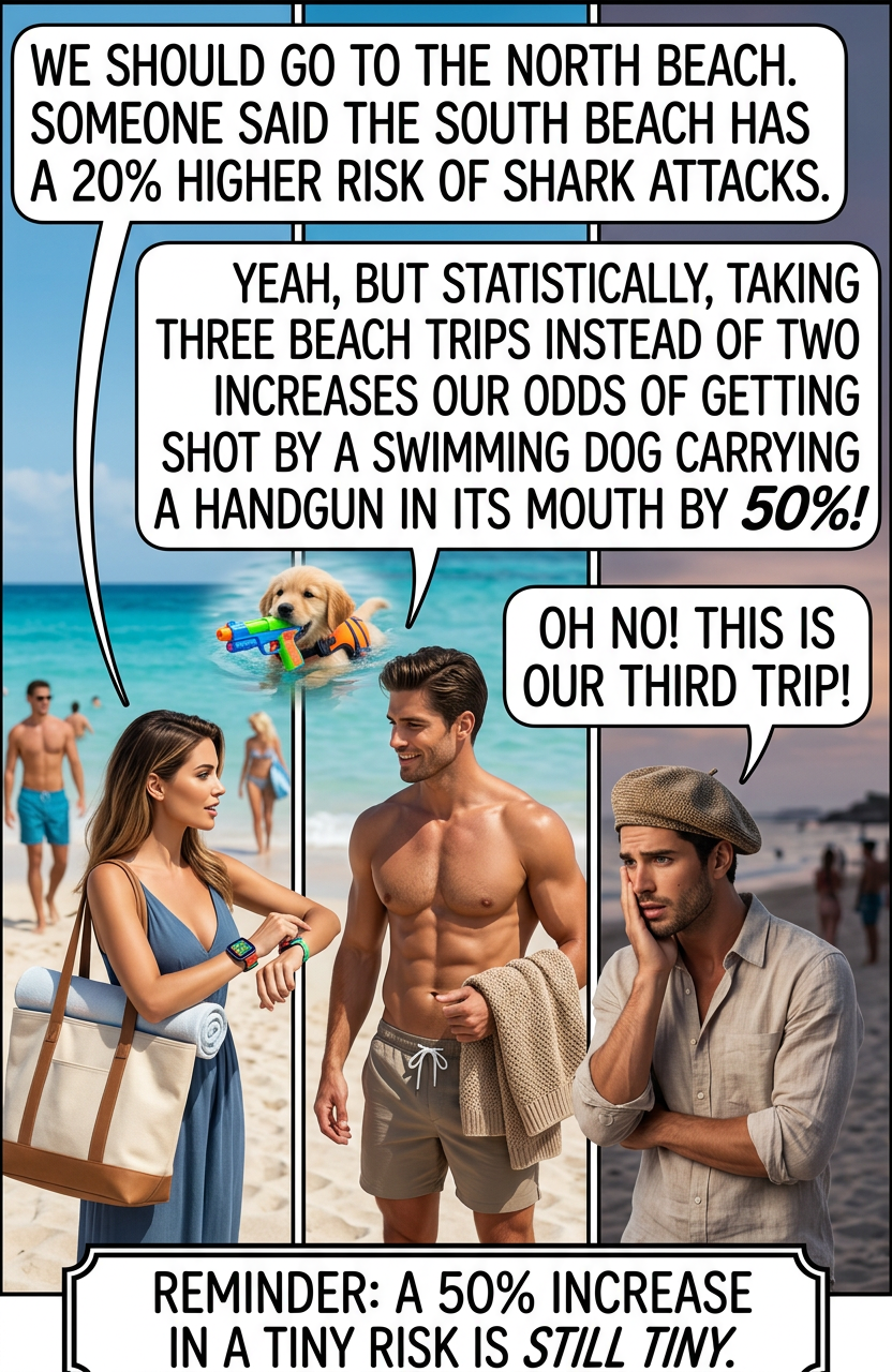 You may point out that strictly speaking, you can use that statement to prove that all risks are tiny--to which I reply HOLY SHIT WATCH OUT FOR THAT DOG!