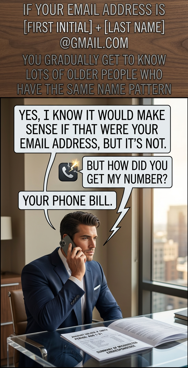 I asked a few friends whether they'd had this happen, then looked up the popularity of their initials/names over time.  Based on those numbers, it looks like there must be at least 750,000 people in the US alone who think 'Sure, that's probably my email address' on a regular basis.