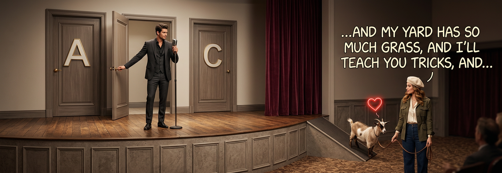 A few minutes later, the goat from behind door C drives away in the car.