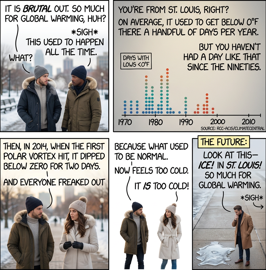 'You see the same pattern all over. Take Detroit--' 'Hold on. Why do you know all these statistics offhand?' 'Oh, um, no idea. I definitely spend my evenings hanging out with friends, and not curating a REALLY NEAT database of temperature statistics. Because, pshh, who would want to do that, right? Also, snowfall records.'