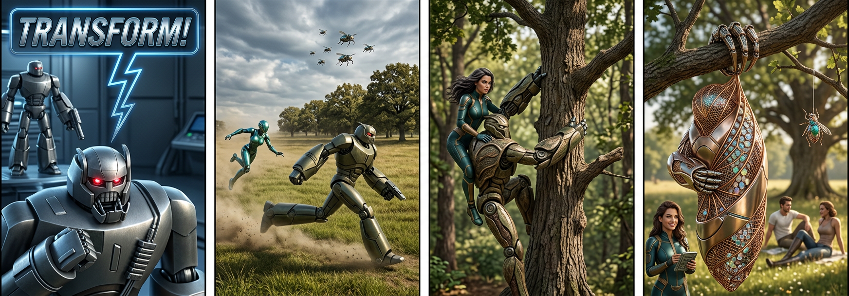 A helicopter bursts from a chrysalis and alights on a rock, rotors still damp.