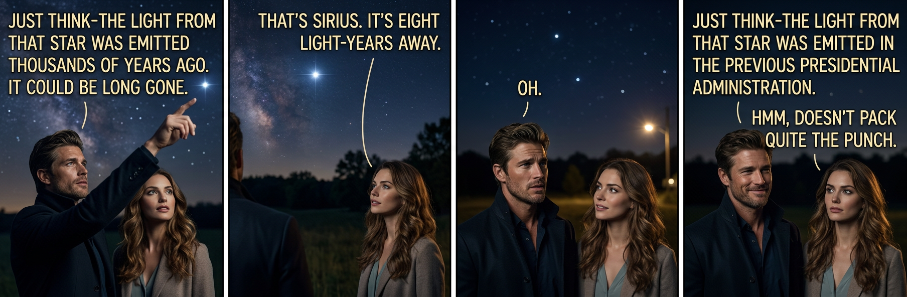 'The light from those millions of stars you see is probably many thousands of years old' is a rare example of laypeople substantially OVERestimating astronomical numbers.