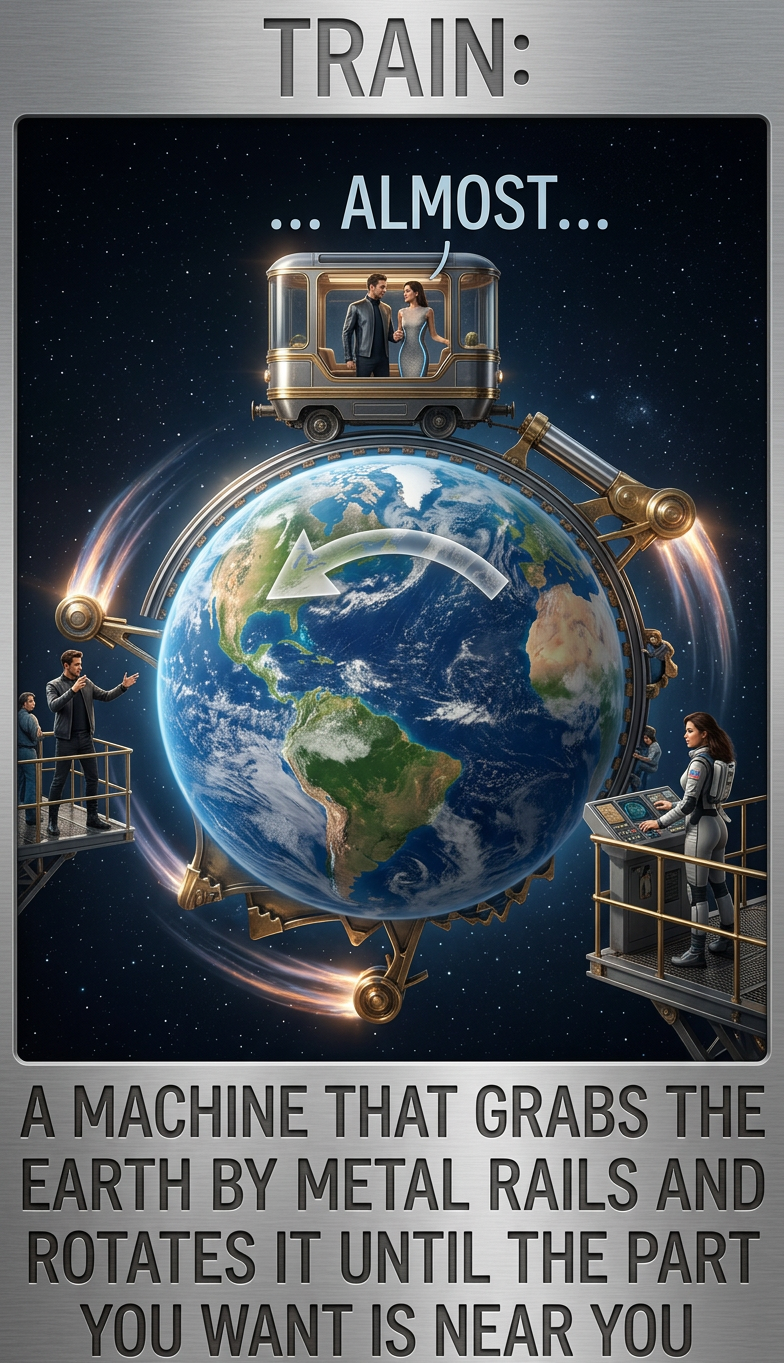 Trains rotate the Earth around various axes while elevators shift its position in space.