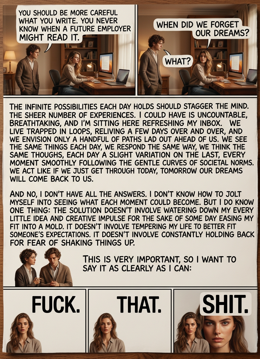 In Connor's second thesis it is stated 'There is no fate but what we make for ourselves.'  Does the routine destroy our creativity or do we lose creativity and fall into the routine?  Anyway, who's up for a road trip!