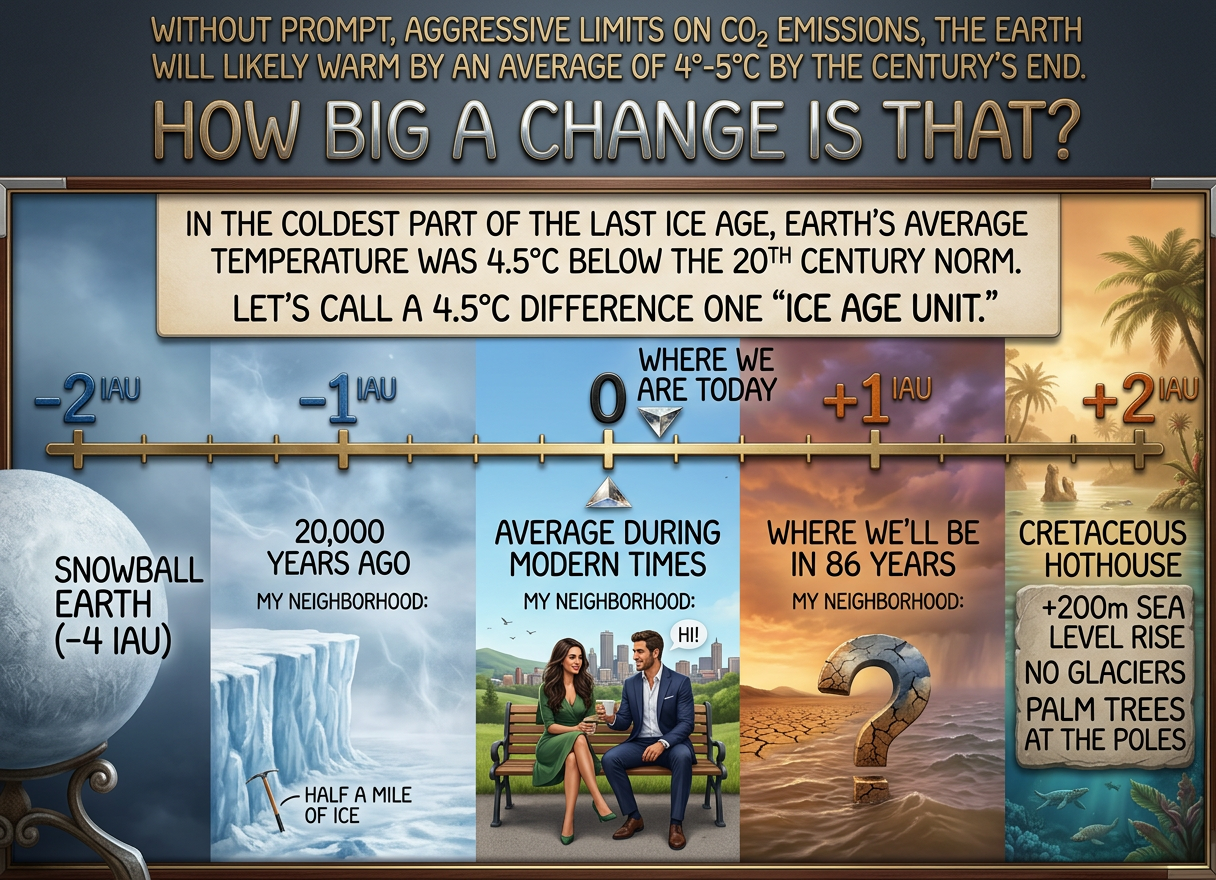 The good news is that according to the latest IPCC report, if we enact aggressive emissions limits now, we could hold the warming to 2°C. That's only HALF an ice age unit, which is probably no big deal.