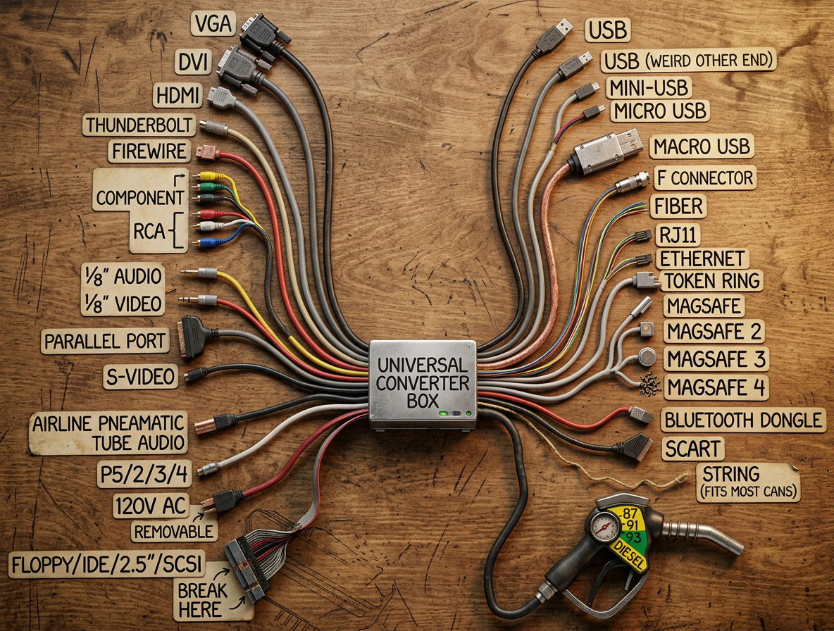 Comes with a 50-lb sack of gender changers, and also an add-on device with a voltage selector and a zillion circular center pin DC adapter tips so you can power any of those devices from the 90s.