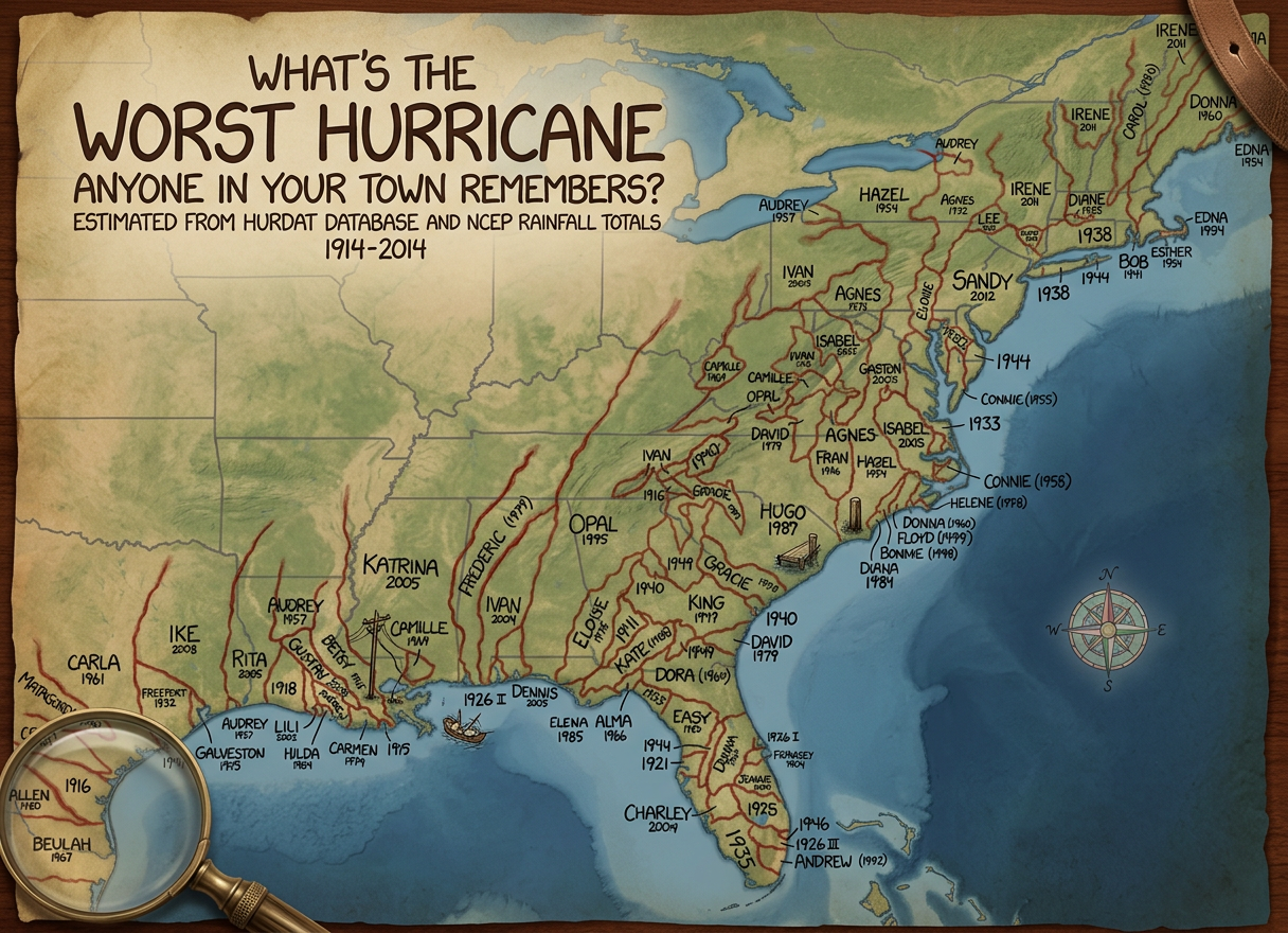 'Finding a 105-year-old who's lived in each location and asking them which hurricane they think was the worst' is left as an exercise for the reader.