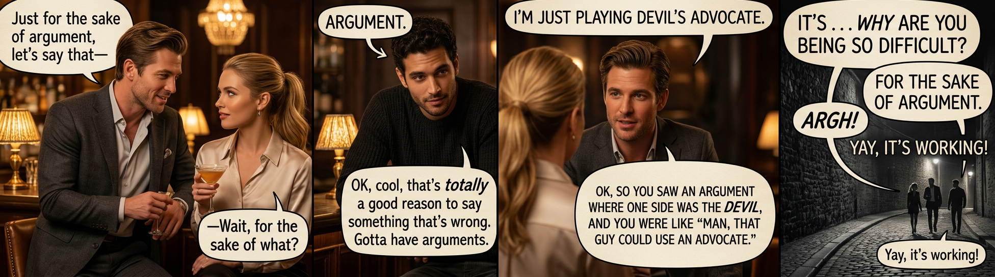 'It's not actually ... it's a DEVICE for EXPLORING a PLAUSIBLE REALITY that's not the one we're in, to gain a broader understanding about it.' 'oh, like a boat!' '...' 'Just for the sake of argument, we should get a boat! You can invite the Devil, too, if you want.'