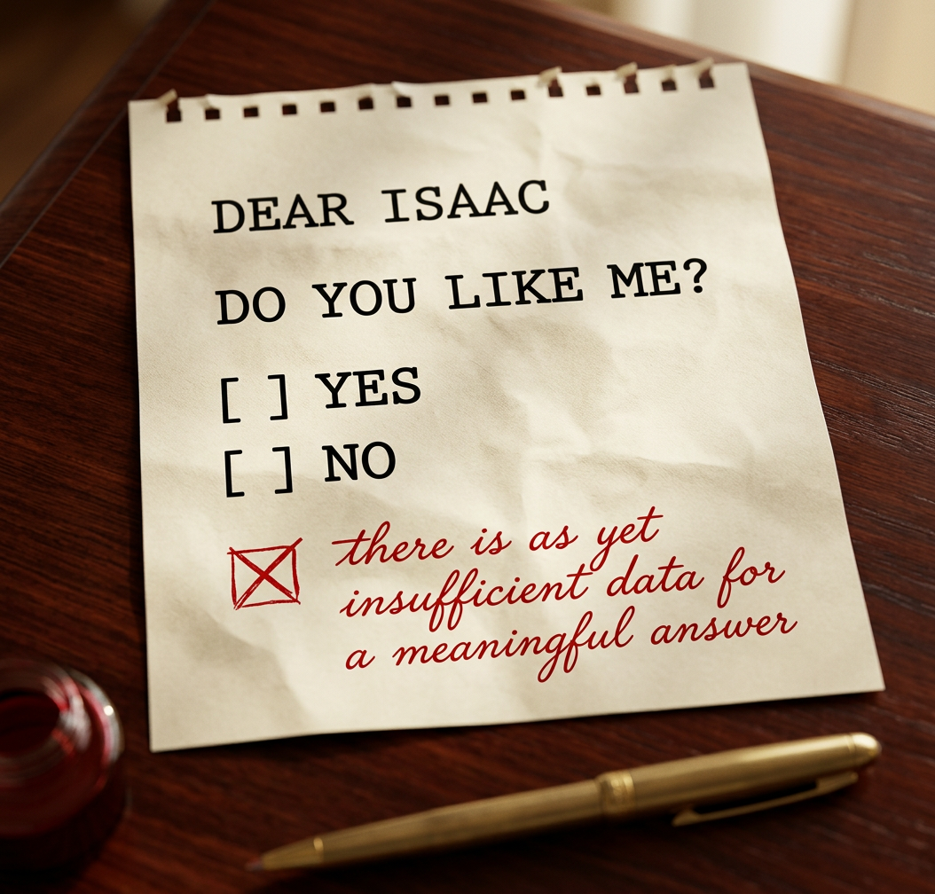 The universe long dead, IsaAC surveyed the formless chaos. At last, he had arrived at an answer. 'I like you,' he declared to the void, 'but I don't LIKE like you.'