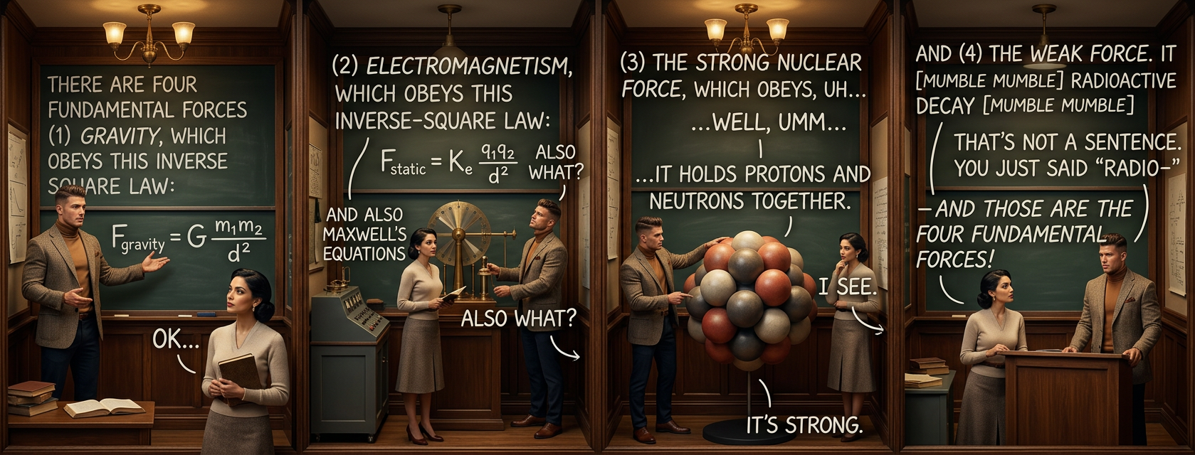 "Of these four forces, there's one we don't really understand." "Is it the weak force or the strong--" "It's gravity."