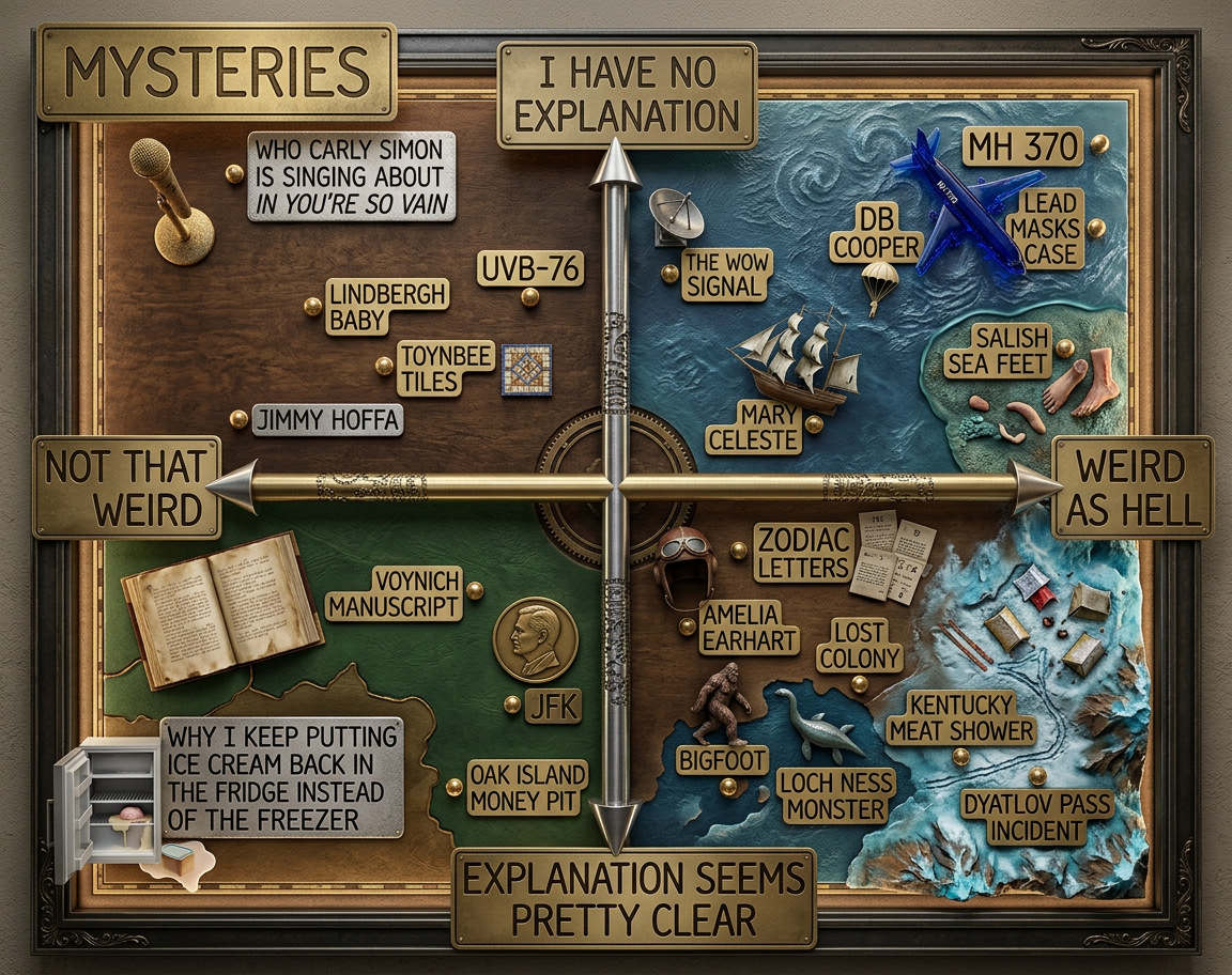 At the bottom left: The mystery of why, when I know I needed to be asleep an hour ago, I decide it's a good time to read through every Wikipedia article in the categories 'Out-of-place artifacts', 'Earth mysteries', 'Anomalous weather', and 'List of people who disappeared mysteriously'.