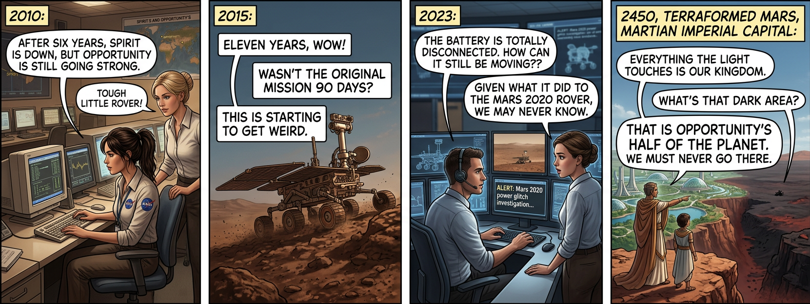 We all remember those famous first words spoken by an astronaut on the surface of Mars: "That's one small step fo- HOLY SHIT LOOK OUT IT'S GOT SOME KIND OF DRILL! Get back to the ... [unintelligible] ... [signal lost]"