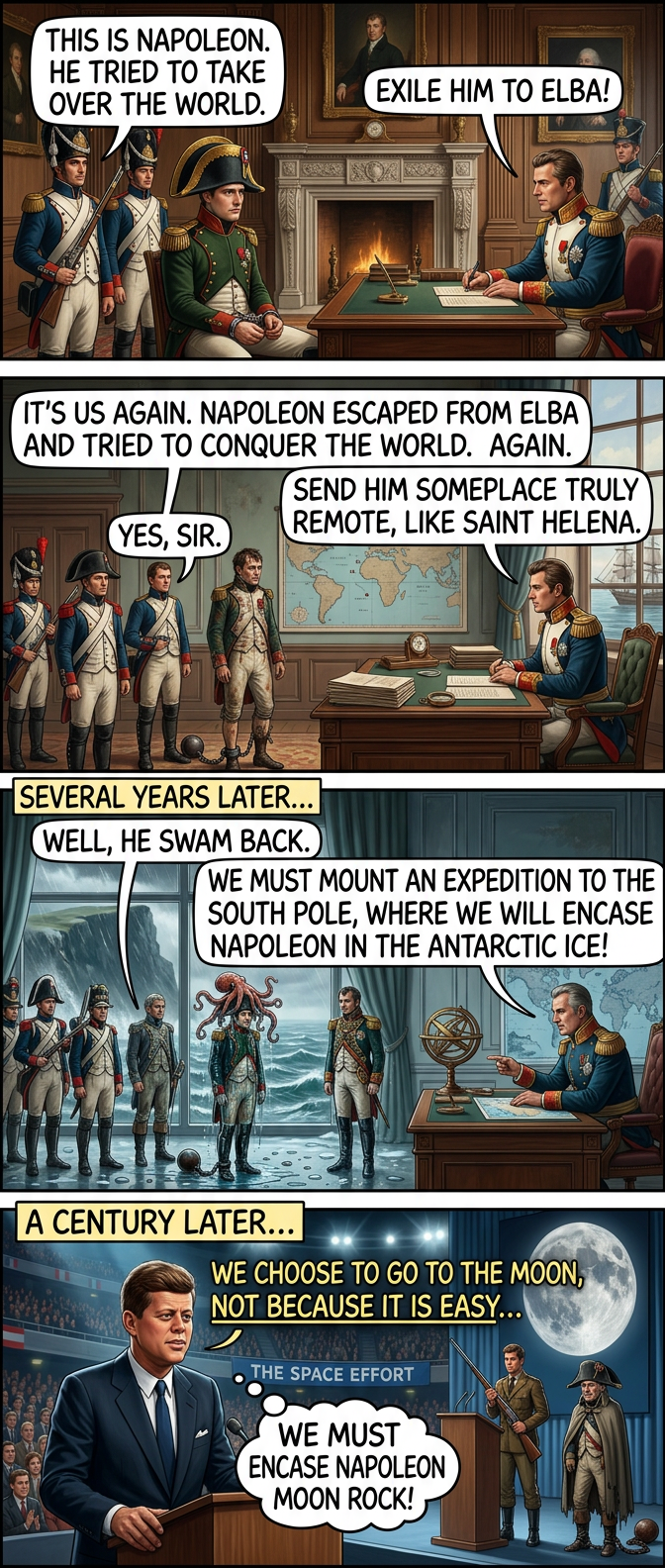 "Mr. President, what if the unthinkable happens? What if the launch goes wrong, and Napoleon is not stranded on the Moon?" "Have Safire write up a speech."