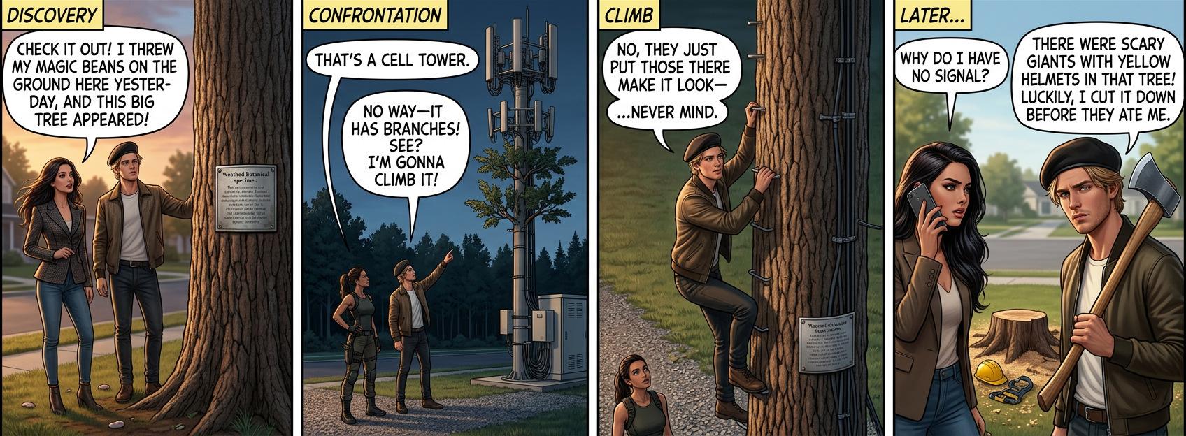 Since people rarely try to cut down cell phone towers, after millions of years, as cell phone towers have gotten more treelike, trees have started growing fake cell phone tower attachments and shiny gray bark to protect themselves. This is a standard textbook example of convergent evolution.