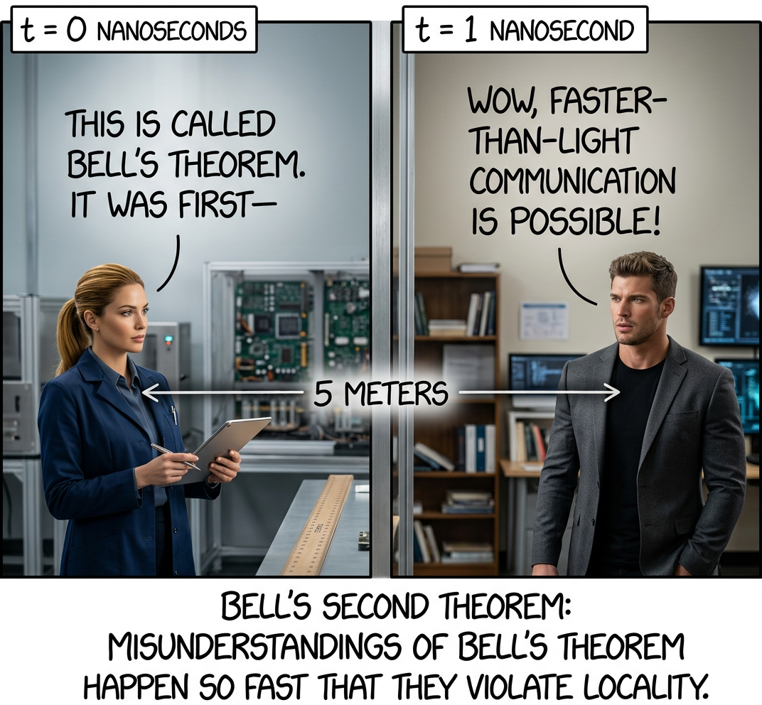 The no-communication theorem states that no communication about the no-communication theorem can clear up the misunderstanding quickly enough to allow faster-than-light signaling.