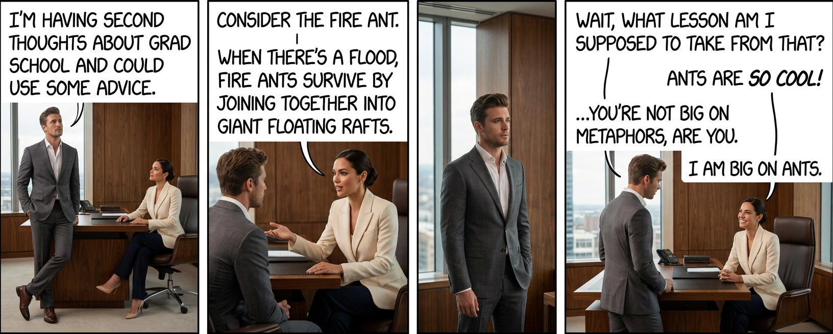 Here in the entomology department, we have a simple two-step formula for answering any question: (1) ants are cool, and (2) we forgot the question because we were thinking about ants.