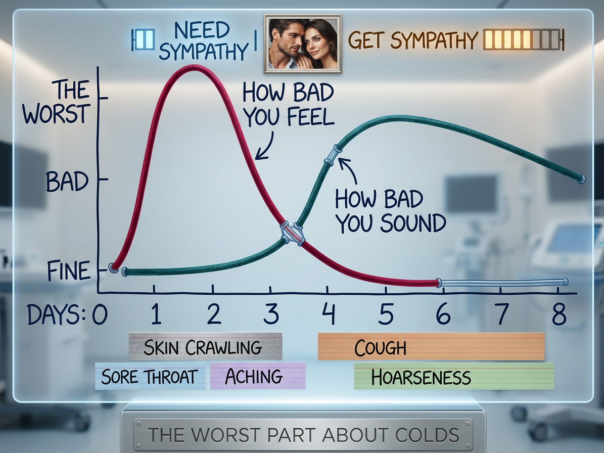 The contagious period ends right around when you start to sound sick over the phone, which is probably evidence of cold viruses evolving to spread optimally in the workplace.