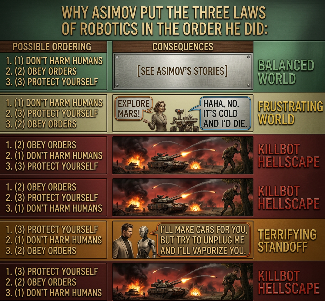 In ordering #5, self-driving cars will happily drive you around, but if you tell them to drive to a car dealership, they just lock the doors and politely ask how long humans take to starve to death.