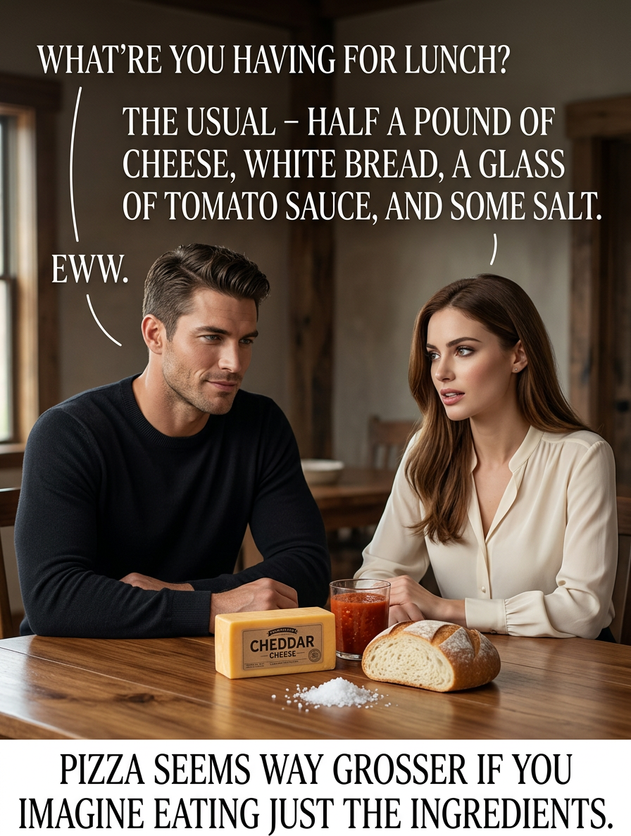 I'm trying to be healthier, so after I eat this brick of cheese, I'll have a spoonful of grease-soaked vegetables.