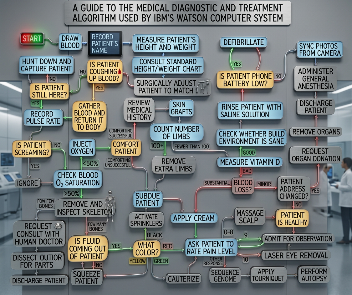 Due to a minor glitch, 'discharge patient' does not cause the algorithm to exit, but instead leads back to 'hunt down and capture patient'.