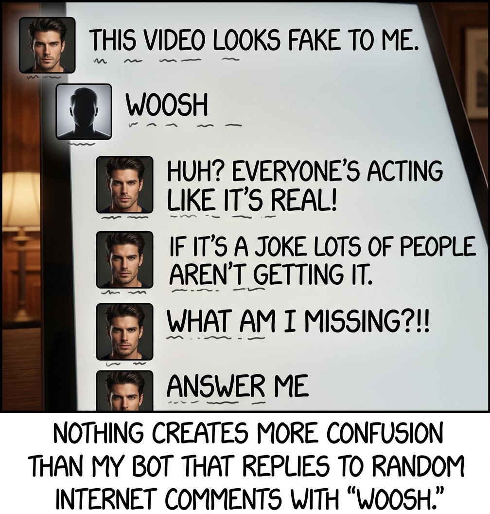 It also occasionally replies with 'Comment of the year', 'Are you for real', and 'I'm taking a screenshot so I can remember this moment forever'.