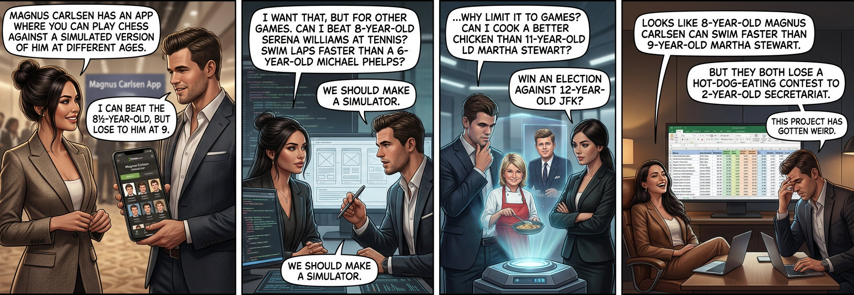 In the latest round, 9-year-old Muhammad Ali beat 10-year-old JFK at air hockey, while Secretariat lost the hot-dog-eating crown to 12-year-old Ken Jennings. Meanwhile, in a huge upset, 11-year-old Martha Stewart knocked out the adult Ronda Rousey.