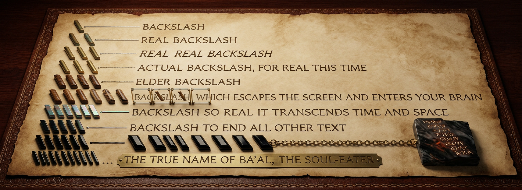 I searched my .bash_history for the line with the highest ratio of special characters to regular alphanumeric characters, and the winner was: cat out.txt | grep -o "[[(].*[])][^)]]*$" ... I have no memory of this and no idea what I was trying to do, but I sure hope it worked.