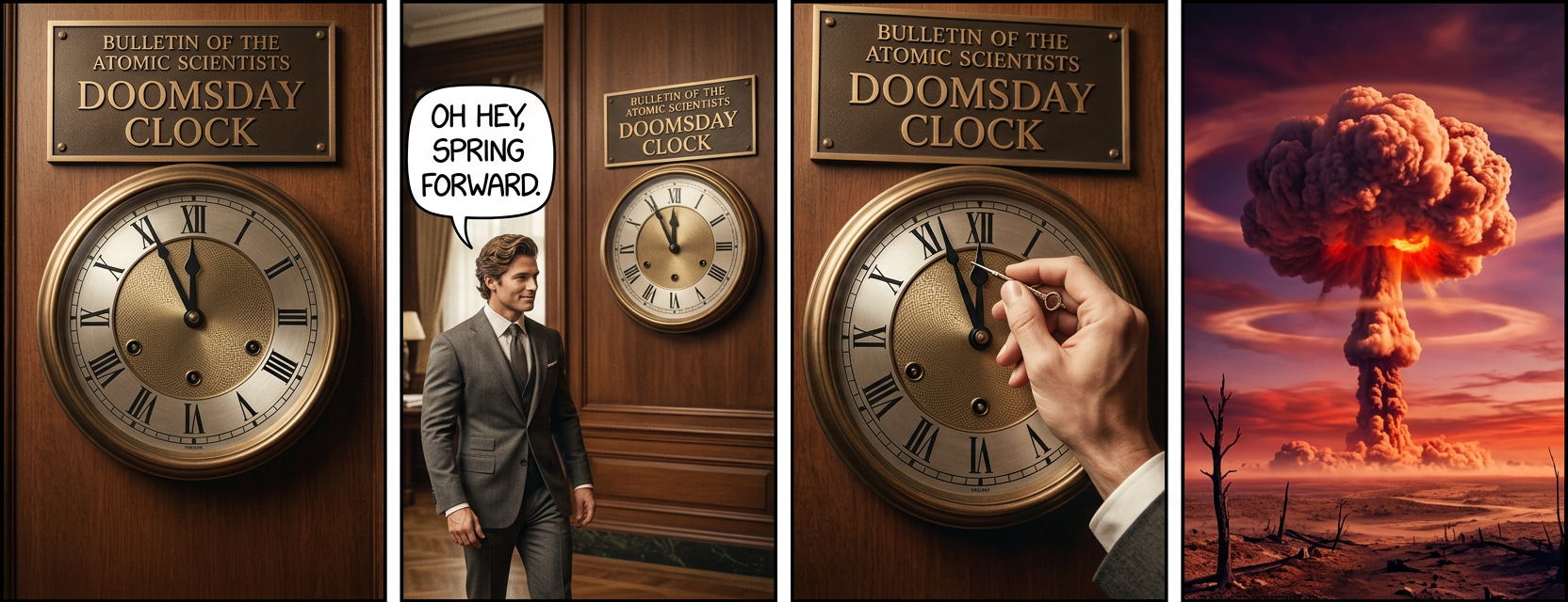 After a power outage at the Bulletin of the Atomic Scientists, the new Digital Doomsday Clock is flashing 00:00 and mushroom clouds keep appearing and then retracting once a second.