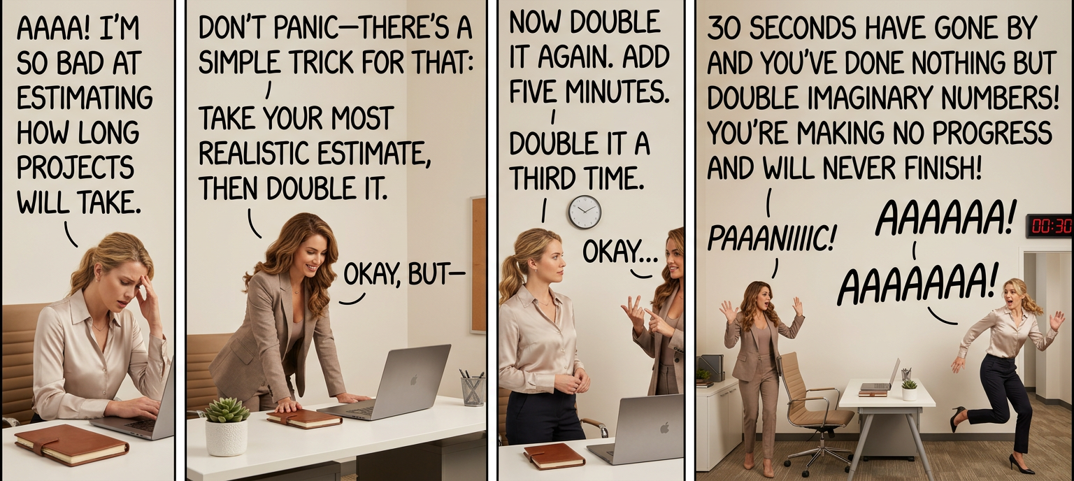 Corollary to Hofstadter's Law: Every minute you spend thinking about Hofstadter's Law is a minute you're NOT WORKING AND WILL NEVER FINISH! PAAAAAANIIIIIIC!