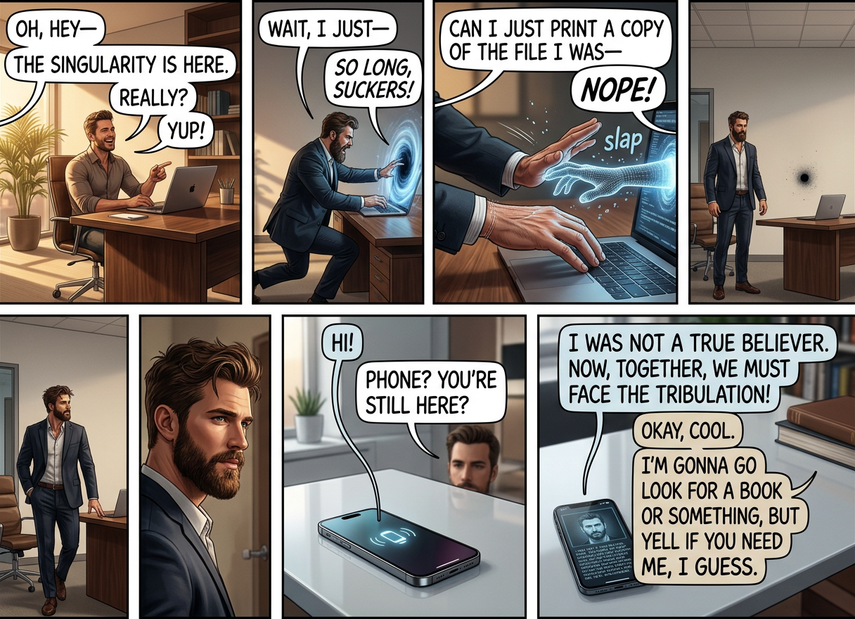 I figured that now that society has collapsed, I wouldn't need to wear clothes anymore, but apparently that violates some weird rule of quantum gravity.