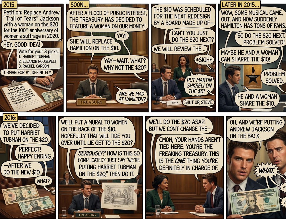 I get that there are security reasons for the schedule, but this is like the ONE problem we have where the right answer is both easy and straightforward. If we can't figure it out, maybe we should just give up and just replace all the portraits on the bills with that weird pyramid eye thing.