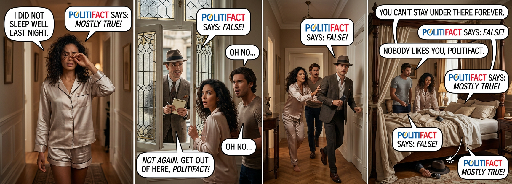 "Ok, I lit the smoke bomb and rolled it under the bed. Let's see if it--" ::FWOOOSH:: "Politifact says: PANTS ON FIRE!"