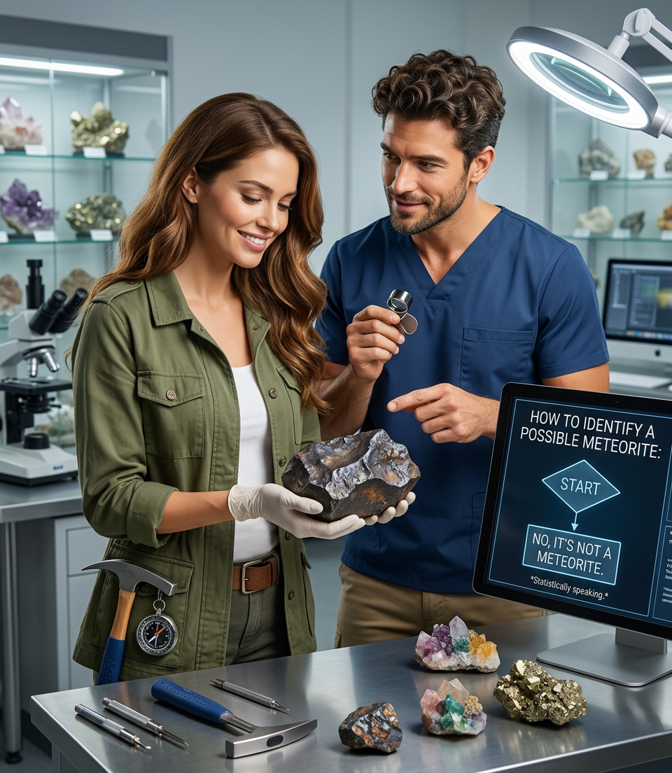 Click for an actual flowchart for identifying a meteorite. My favorite part is how 'Did someone see it fall? -> Yes' points to 'NOT A METEORITE.' This is not a mistake.