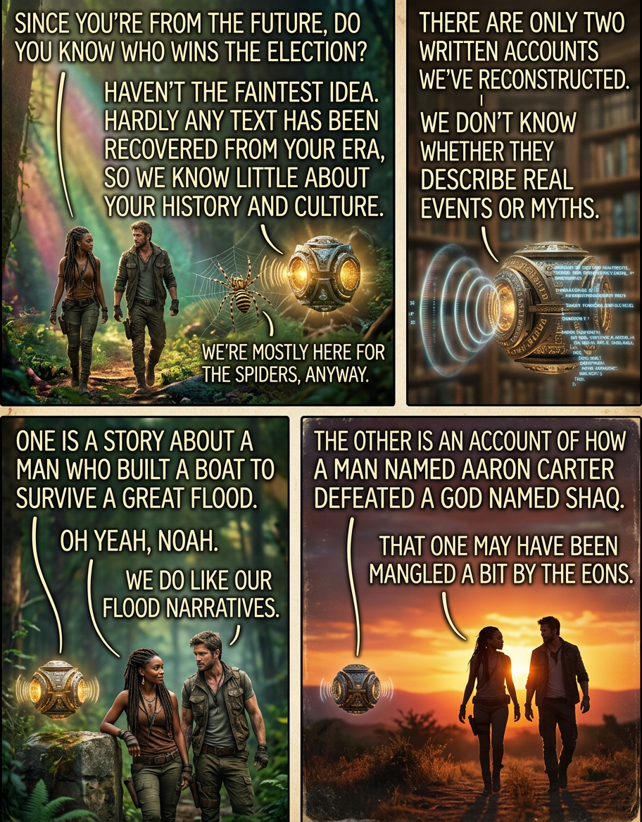 "The only link we've found between the two documents is that a fragment of the Noah one mentions Aaron's brother Moses parting an ocean. Is that right?" "... yes. Yes, exactly."