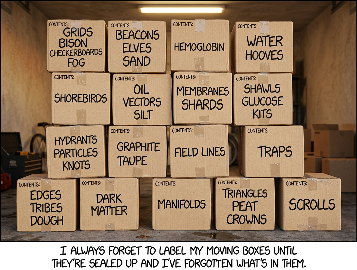 Later, when I remember that I'm calling movers, I frantically scribble over the labels and write 'NORMAL HOUSE STUFF' on all of them, which actually makes things worse.